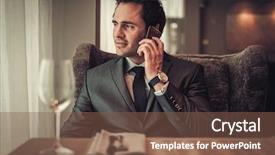  Presentation with young man on the phone - Amazing slides having confident young man using smart backdrop and a violet colored foreground