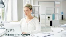  Presentation with project manager - PPT layouts with confident young manager with stylish haircut sitting in front of laptop and working on promising project interior of spacious open plan office on background background and a sky blue colored foreground