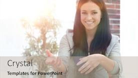  Presentation with conference table - PPT theme having confident young woman - chief sitting at table in conference room background and a coral colored foreground