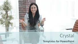  Presentation with conference table - Cool new PPT theme with confident young woman - chief sitting at table in conference room backdrop and a sky blue colored foreground