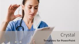  Presentation with ampoule - Amazing slides having confident-young-woman-doctor-specialist backdrop and a light gray colored foreground