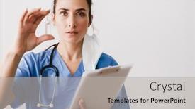 Presentation with ampoule - Slides with confident-young-woman-doctor-specialist background and a light gray colored foreground