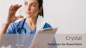  Presentation with ampoule - Colorful PPT theme enhanced with confident-young-woman-doctor-specialist backdrop and a light gray colored foreground