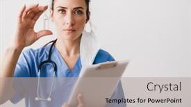  Presentation with ampoule - PPT layouts having confident-young-woman-doctor-specialist background and a light gray colored foreground