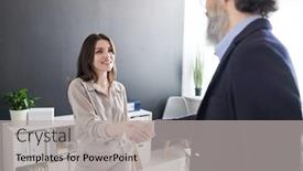  Presentation with job interview - Slides with confident-young-woman-greeting-mature background and a light gray colored foreground