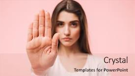  Presentation with weight loss woman showing - Cool new slide deck with confident young woman showing stop backdrop and a coral colored foreground