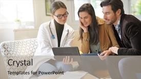  Presentation with doctor patient relations - Beautiful presentation theme featuring confirmation - happy doctor with couple patients backdrop and a light gray colored foreground