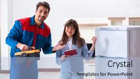  Presentation with understanding customer - Cool new slide set with confirmation - man repairing fridge with customer backdrop and a light blue colored foreground