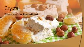  Presentation with an orange sweet potato - Presentation consisting of confiserie - sweet nougat with oranges background and a yellow colored foreground