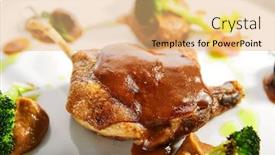  Presentation with main course - Amazing PPT theme having confit-duck-leg-with-vegetables backdrop and a coral colored foreground