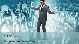  Presentation with balancing heart and brain - Slide set featuring conflict interest - businessman balancing between choosing dollar background and a light blue colored foreground