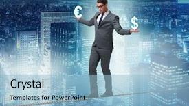  Presentation with dollar - Cool new slide deck with conflict interest - businessman balancing between choosing dollar backdrop and a light blue colored foreground