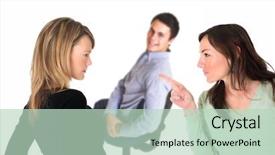  Presentation with strategic management needle pointing - Beautiful slide deck featuring conflict interest - neatly dressed brunette pointing accusing backdrop and a soft green colored foreground