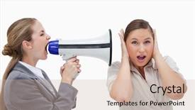  Presentation with yelling - Audience pleasing slide set consisting of conflict management - businesswoman yelling at her coworker backdrop and a soft green colored foreground