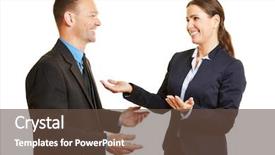  Presentation with negotiation - Beautiful presentation design featuring conflict negotiation - business man and woman talking backdrop and a tawny brown colored foreground