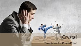  Presentation with chessboard - Audience pleasing theme consisting of conflict negotiation - businessman fighting on the chessboard backdrop and a  colored foreground