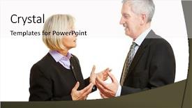  Presentation with two people talking - Beautiful presentation theme featuring conflict negotiation - two old businesspeople talking backdrop and a sky blue colored foreground