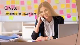  Presentation with beautiful young woman getting face - Presentation theme featuring conflict negotiation - young beautiful businesslady in conflicting background and a  colored foreground