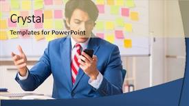  Presentation with employee - Slide set consisting of conflict negotiation - young handsome employee with many background and a blonde colored foreground