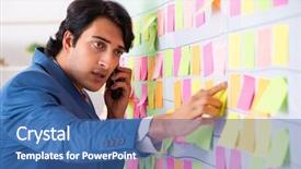  Presentation with employee - Theme with conflict negotiation - young handsome employee with many background and a ocean colored foreground