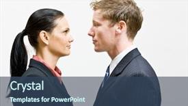  Presentation with people conflict - Slide deck featuring conflict resolution - business people standing face background and a ocean colored foreground