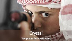  Presentation with shooting - PPT theme featuring conflict resolution - kid warrior soldier shooting rifle background and a tawny brown colored foreground