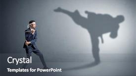  Presentation with shadow - Cool new PPT layouts with confrontation - young karate man confronting backdrop and a  colored foreground