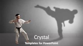  Presentation with young man on the phone - Colorful slide deck enhanced with confrontation - young karate man confronting backdrop and a gray colored foreground
