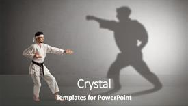  Presentation with shadow - Amazing PPT theme having confrontation - young karate man confronting backdrop and a gray colored foreground
