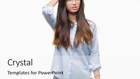  Presentation with young business woman smile show - Amazing slides having confuse and wonder about question backdrop and a white colored foreground