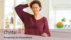  Presentation with african american woman question - PPT theme with confuse and wonder about question background and a tawny brown colored foreground