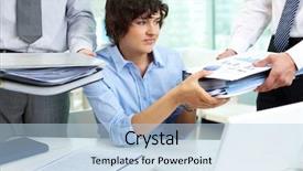  Presentation with accountant - Amazing PPT theme having confused-accountant-taking-big-heap backdrop and a light blue colored foreground