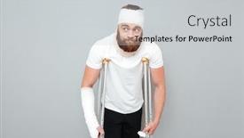  Presentation with one young man exercising handball - Theme with confused bearded young man standing with crutches over white background background and a light gray colored foreground