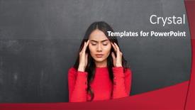  Presentation with headache - Presentation theme with confused brunette woman in red blouse having headache over black background background and a gray colored foreground