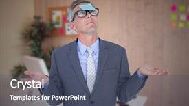  Presentation with stuck - Amazing slide set having confused businessman with sticky notes stuck on his forehead at office backdrop and a ocean colored foreground