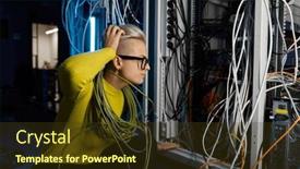  Presentation with data center - Slide deck having confused-female-data-center-technician and a tawny brown colored foreground