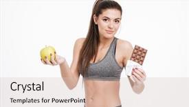 Presentation with physical fitness education - Audience pleasing PPT layouts consisting of confused fitness woman holding chocolate backdrop and a soft green colored foreground