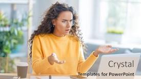  Presentation with podcast - Colorful PPT theme enhanced with confused-frustrated-young-businesswoman-studying backdrop and a coral colored foreground