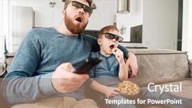  Presentation with remote - Beautiful PPT theme featuring confused happy father holding remote control while watching tv with his little cute son using 3d glasses holding popcorn backdrop and a coral colored foreground