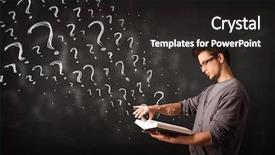  Presentation with question marks - Presentation theme consisting of confused man reading a book background and a dark gray colored foreground