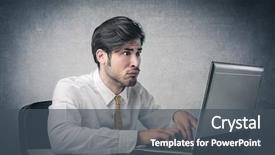  Presentation with working - Audience pleasing PPT theme consisting of confused man working at pc backdrop and a dark gray colored foreground