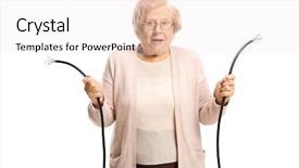  Presentation with power cable - Colorful PPT theme enhanced with confused old lady holding backdrop and a sky blue colored foreground