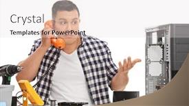  Presentation with phone - Beautiful PPT theme featuring confused-pc-technician-talking backdrop and a sky blue colored foreground