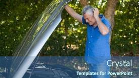  Presentation with engine - Theme enhanced with confused senior man checking engine of breakdown car background and a ocean colored foreground