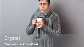  Presentation with spray - Audience pleasing slides consisting of confused sick man in sweater and scarf with serviette and spray having headache over gray background backdrop and a gray colored foreground