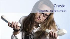  Presentation with cables - Amazing presentation having confused unhappy telephonist in call center wrapped with phone cables being over-strained with work isolated on blue background backdrop and a sky blue colored foreground