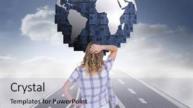  Presentation with digital image - Slide deck having confused woman looking at globe background and a  colored foreground