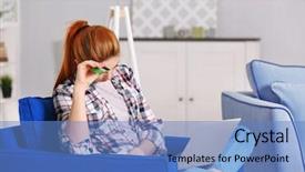  Presentation with taxes - Beautiful theme featuring confused young woman calculating taxes at home backdrop and a teal colored foreground