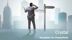  Presentation with choice - PPT theme featuring confusion signpost - businessman in difficult choice concept background and a light blue colored foreground