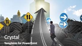  Presentation with road intersection - Colorful slides enhanced with confusion signpost - businessman in uncertainty concept backdrop and a dark gray colored foreground